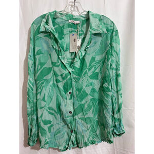 Women's Olivaceous Green Teal Leaf Print Button Down Shirt L